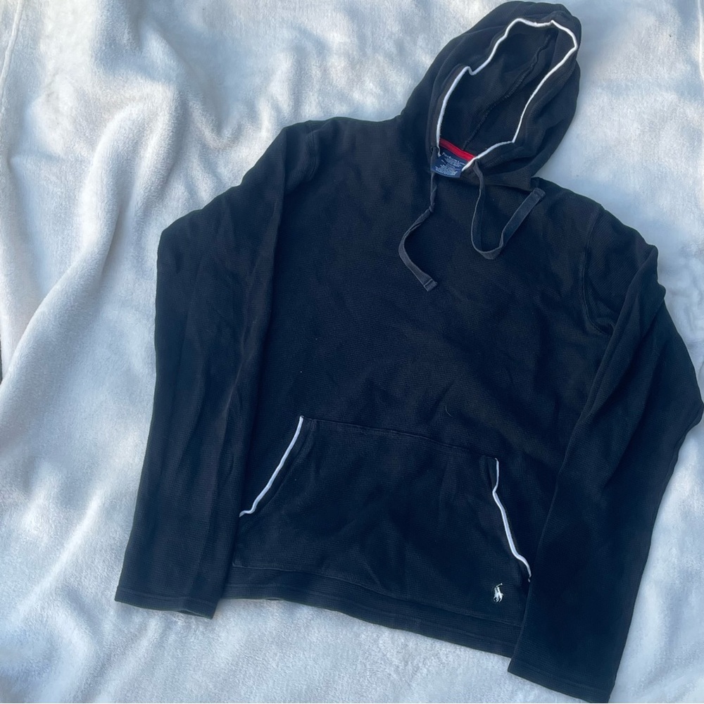 Polo Ralph Lauren Hoodie Waffle Knit Pullover Mens Medium Black Cotton